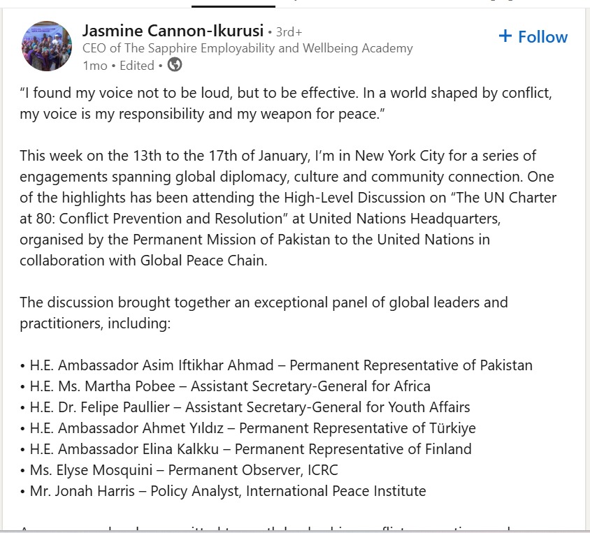 Jasmine Cannon-Ikurusi LinkedIn Post