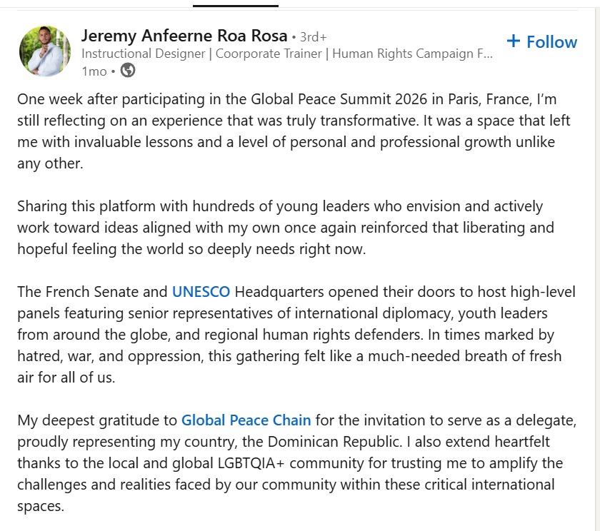 Jeremy Anfeerne Roa Rosa LinkedIn Post