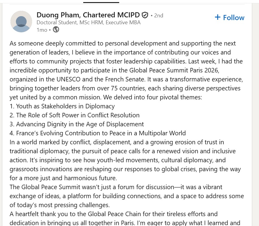 Duong Pham, Chartered MCIPD LinkedIn Post