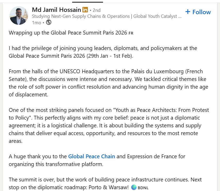 Md Jamil Hossain LinkedIn Post