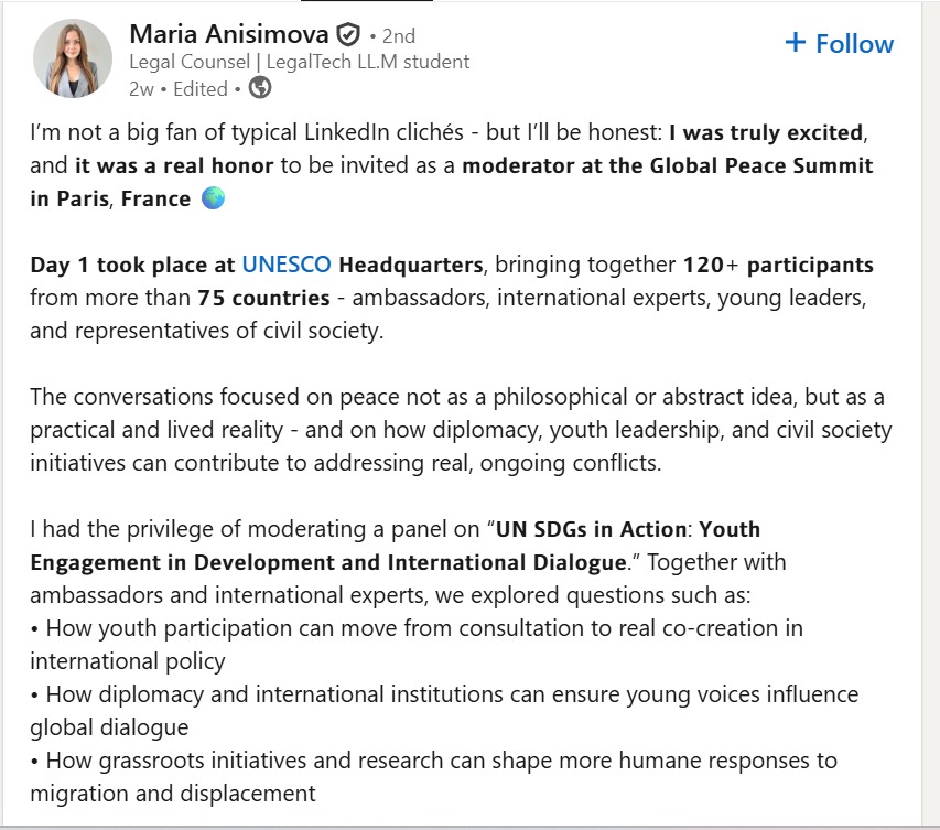 Maria Anisimova LinkedIn Post